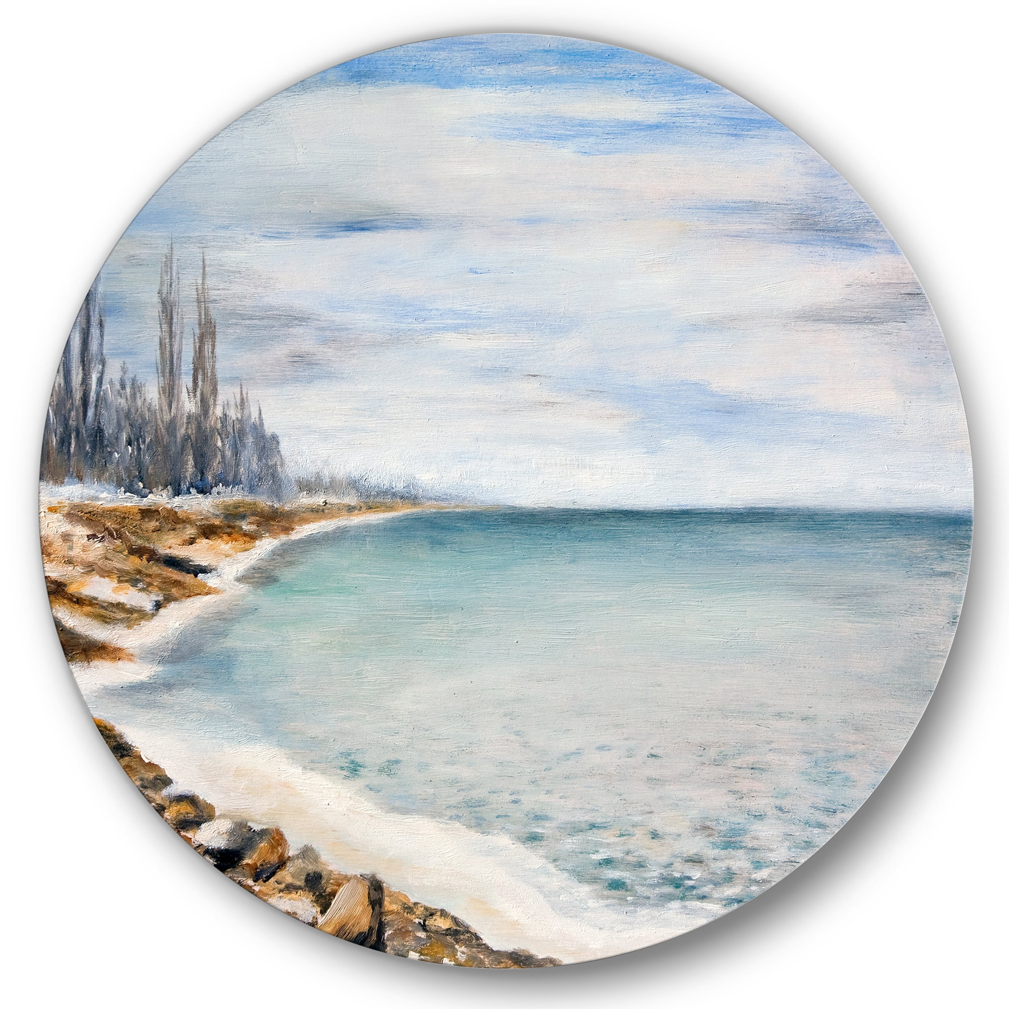 Designart 'Beach Is Covered With Ice' Nautical & Coastal Circle Metal Wall Art 36x36 - Disc of 36