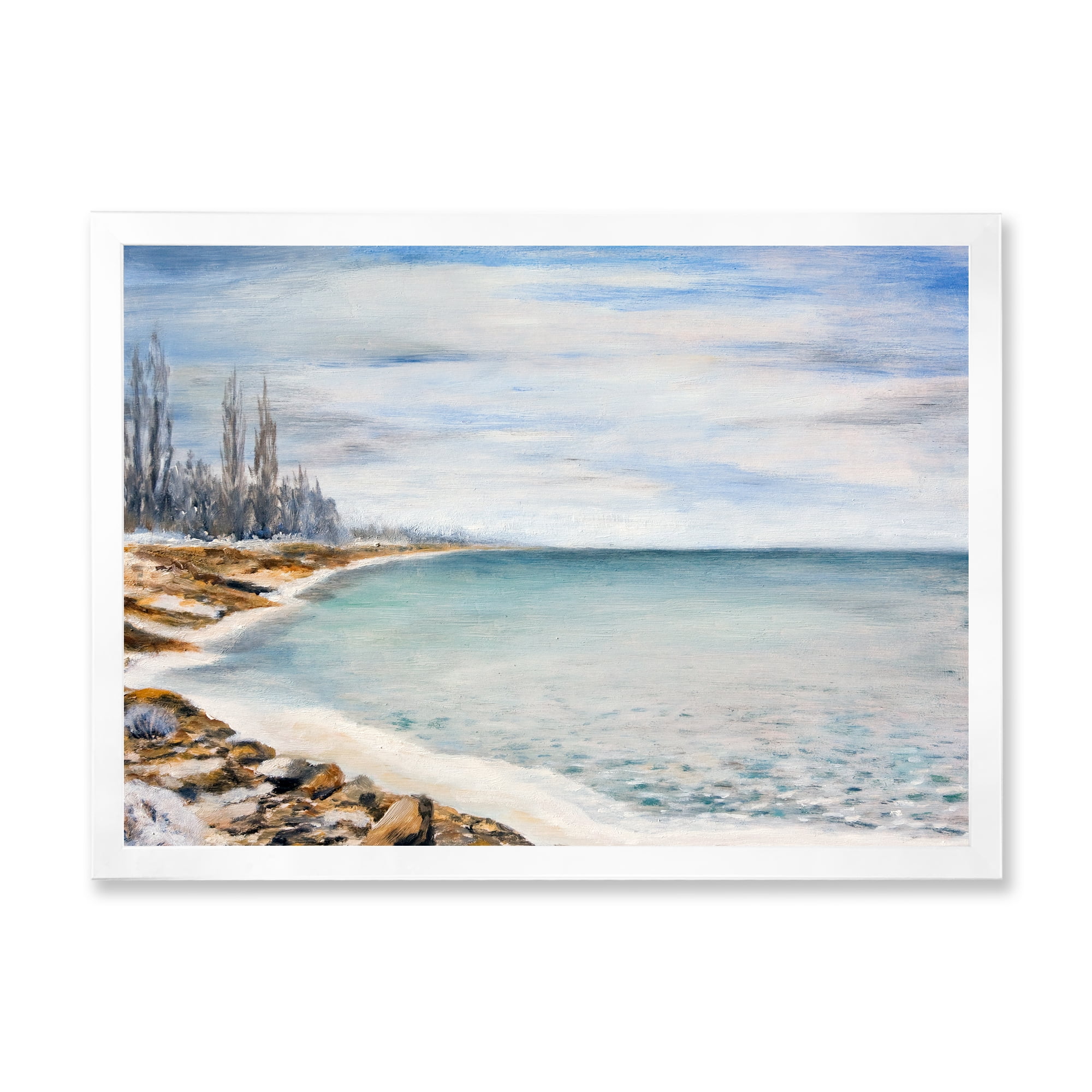 Designart 'Beach Is Covered With Ice' Nautical & Coastal Framed Art Print