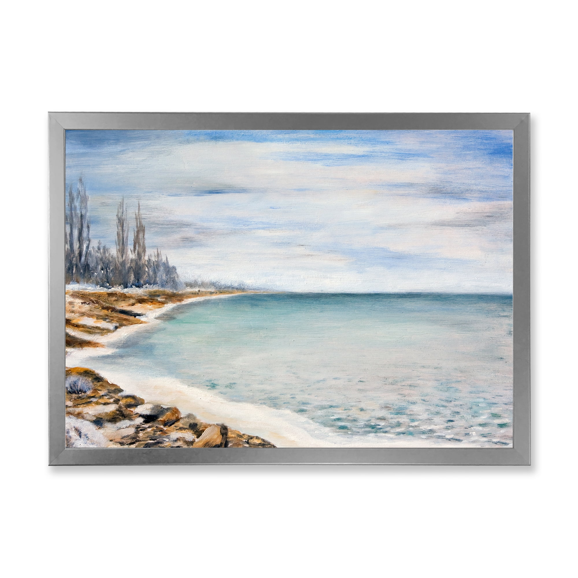 Designart 'Beach Is Covered With Ice' Nautical & Coastal Framed Art Print