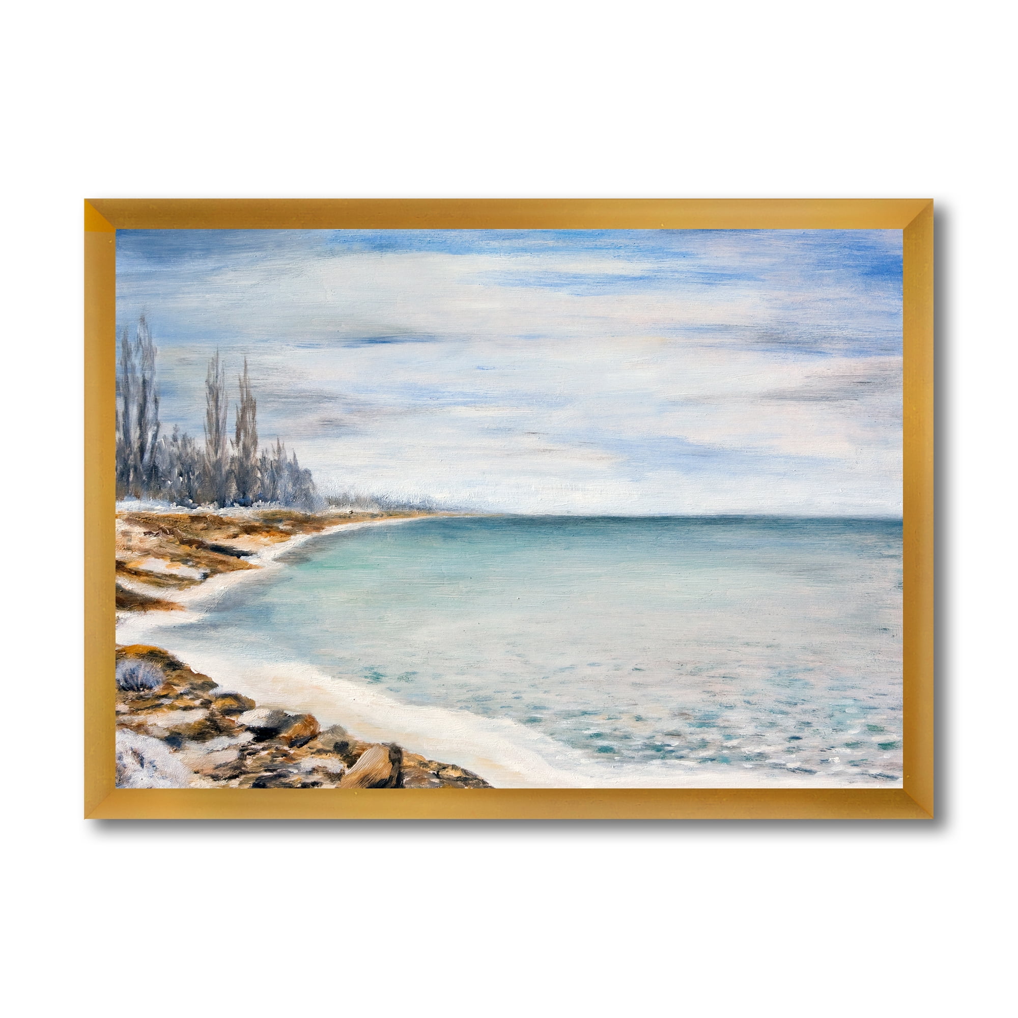 Designart 'Beach Is Covered With Ice' Nautical & Coastal Framed Art Print