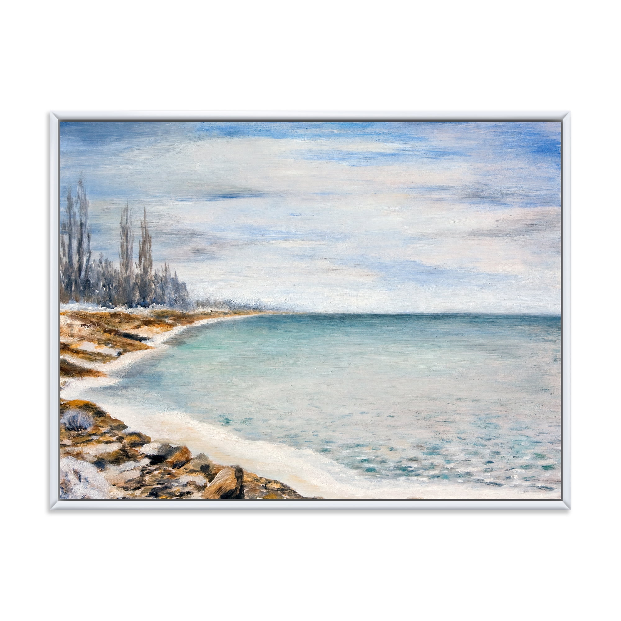 Designart 'Beach Is Covered With Ice' Nautical & Coastal Framed Canvas Wall Art Print