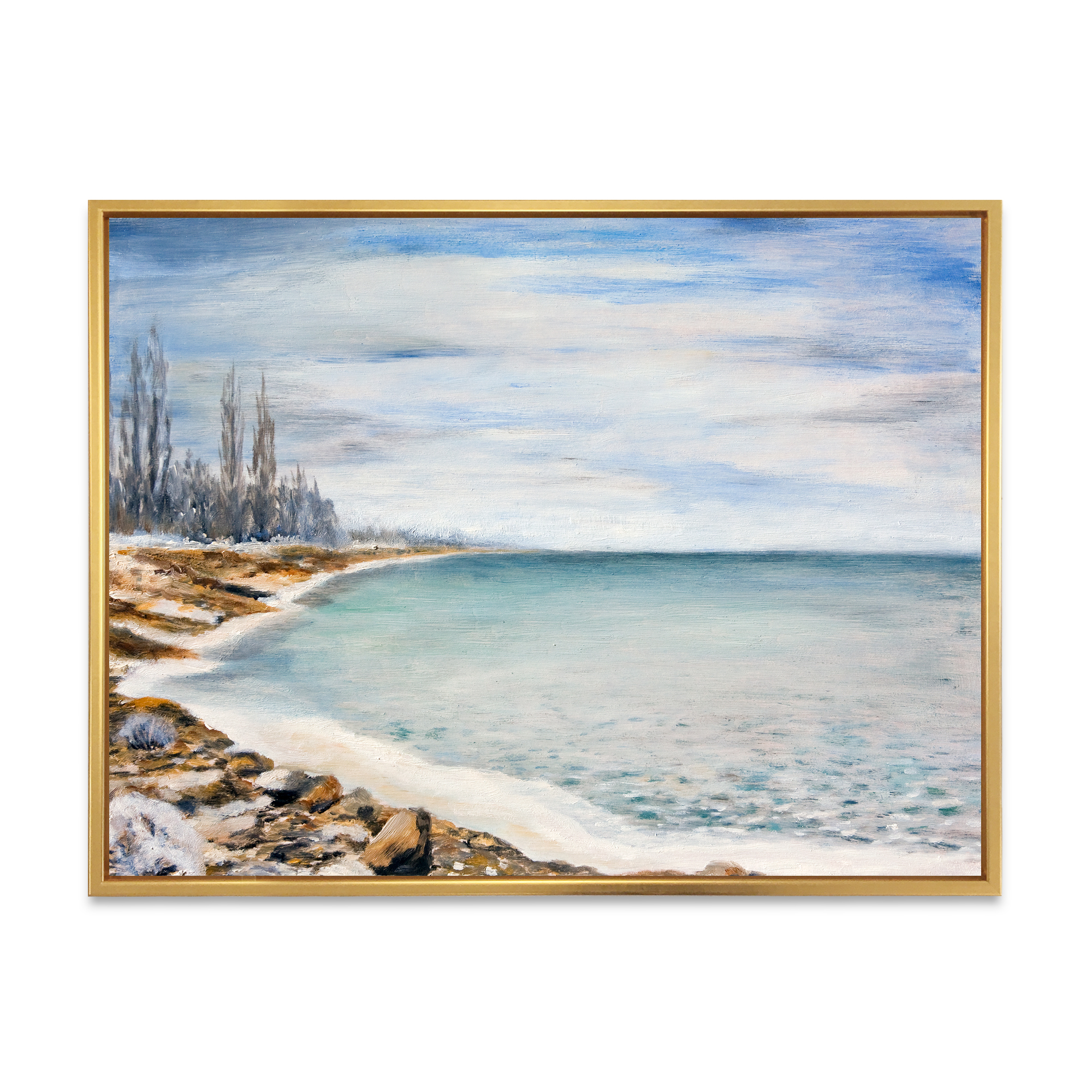 Designart 'Beach Is Covered With Ice' Nautical & Coastal Framed Canvas Wall Art Print