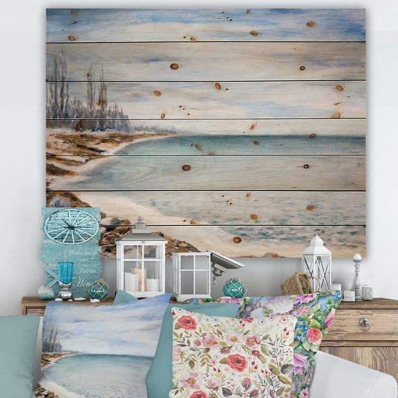 Designart 'Beach Is Covered With Ice' Nautical & Coastal Print on Natural Pine Wood
