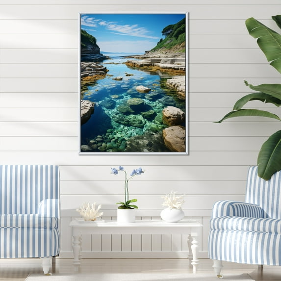 Designart "Beach Photo Calm Tidepools II" Nautical & Beach Floater Framed Wall Decor