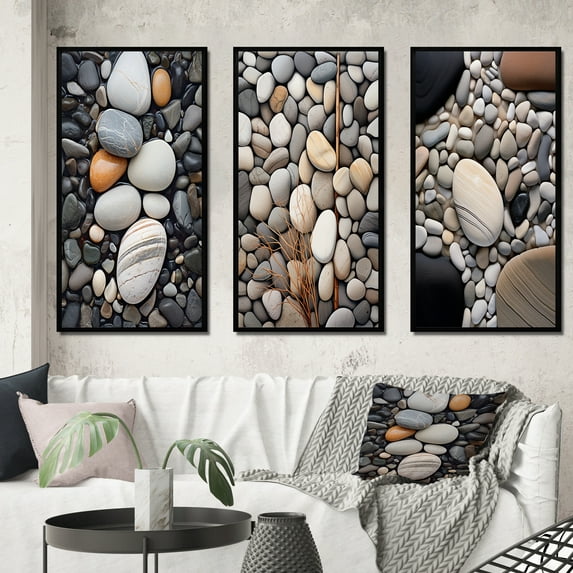 Designart "Beach Photo Harmonious symmetry IV" Abstract Framed Wall Art Set Of 3 - Grey Beach Frame Canvas Set For Living Room Decor
