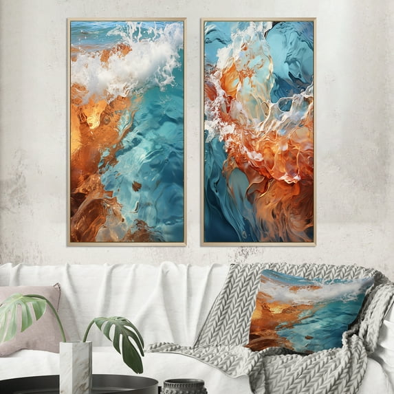Designart "Beach Photo Oceanic flow IV" Coastal Beach Framed Wall Art Set Of 2 - Orange Beach Frame Gallery Set For Office Decor