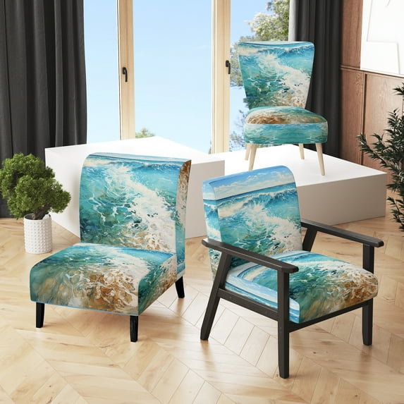 Designart "Beach Photo Oceanic flow XII" Teal Beach Upholstered Accent Chair - Nautical & Coastal Arm Chair For Living Room
