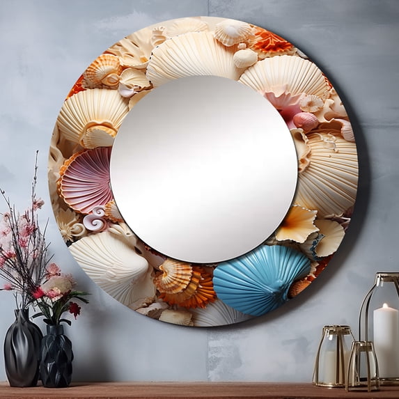 Designart "Beach Photo Seashell composition I" Animals Rund Mirror For Wall Decor - Large Beige Round Printed Mirror -Coastal Round Living Room Mirror - 23" x 23"