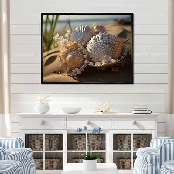 Designart "Beach Photo Seashell composition III" Nautical & Beach Floater Framed Wall Art Living Room