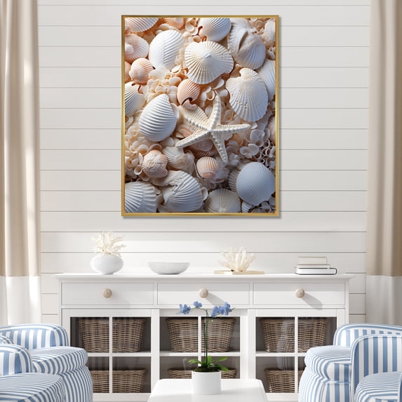 Designart "Beach Photo Seashell composition IX" Animals Floater Framed Canvas Wall Art
