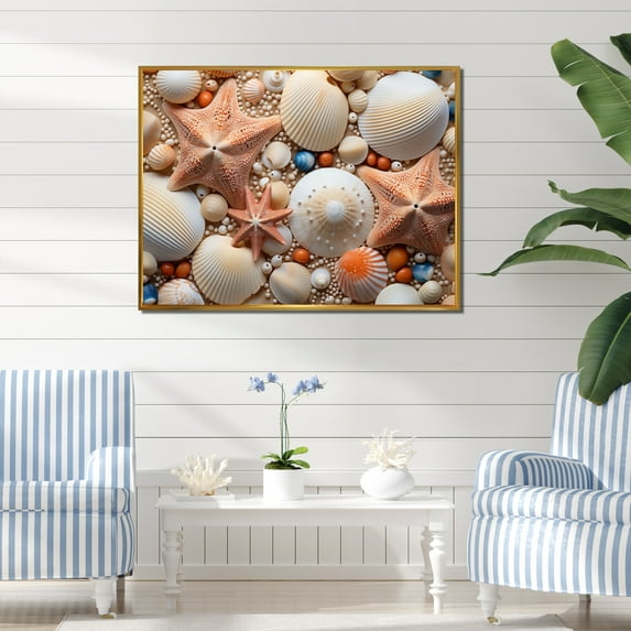 Designart "Beach Photo Seashell composition VI" Nautical & Beach Floater Framed Canvas Print