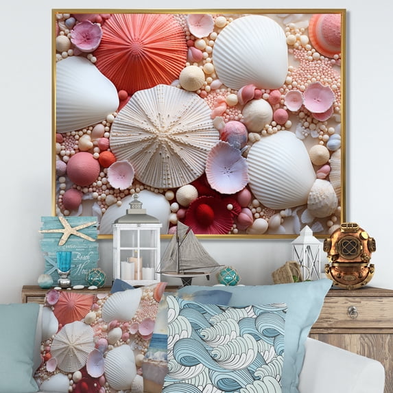 Designart "Beach Photo Seashell composition VIII" Nautical & Beach Floater Framed Canvas Art Print