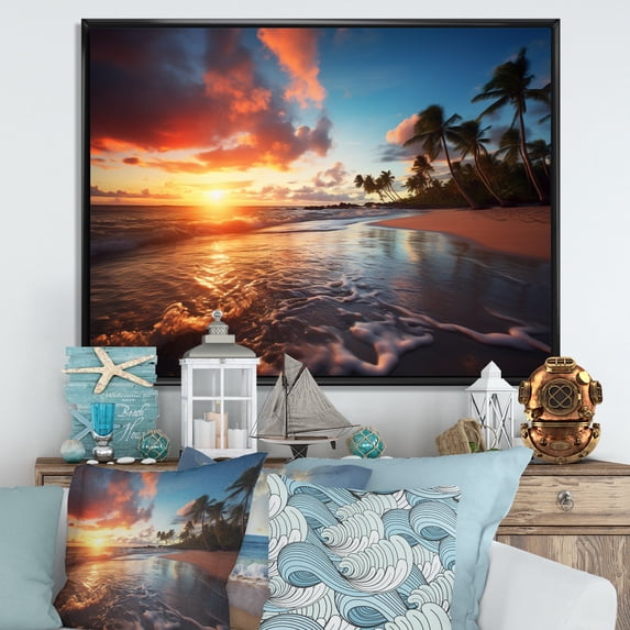 Designart "Beach Photo Sunset Charm XIV" Nautical & Beach Floater Framed Canvas Print