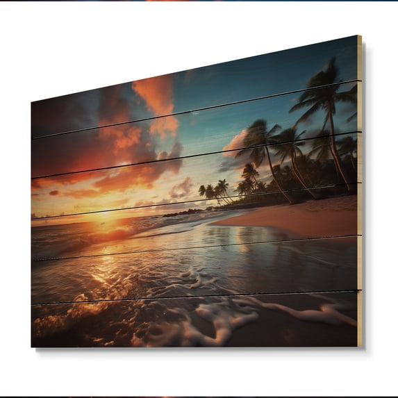Designart "Beach Photo Sunset Charm XIV" Nautical & Beach Print on Natural Pine Wood
