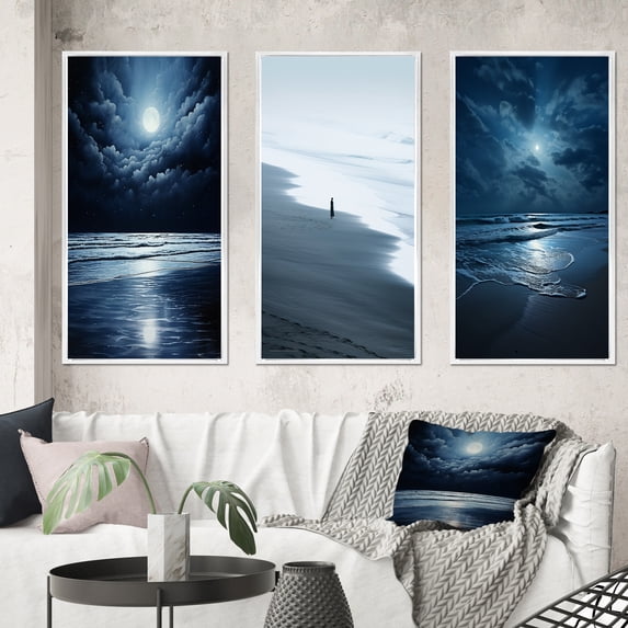 Designart "Beach Photo peaceful Moonlight II" Nautical & Beach Framed Wall Art Set Of 3 - Blue Beach Frame Canvas Set For Living Room Decor