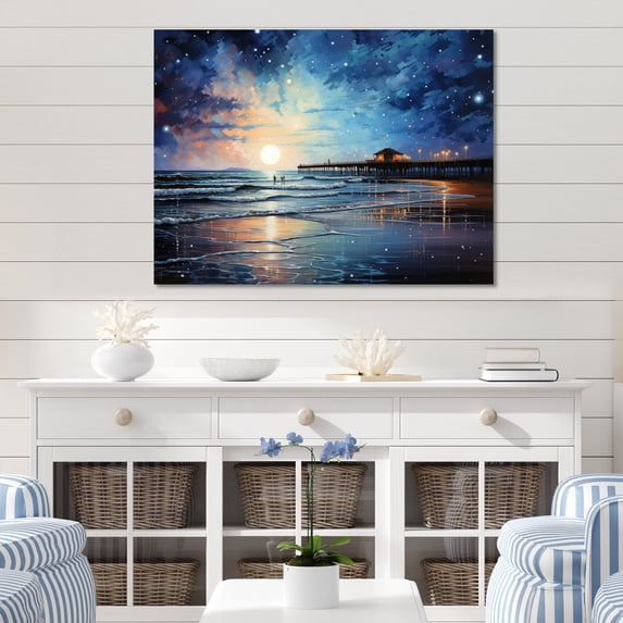 Designart "Beach Pier Reflections Painting II" Landscapes Metal Wall Art