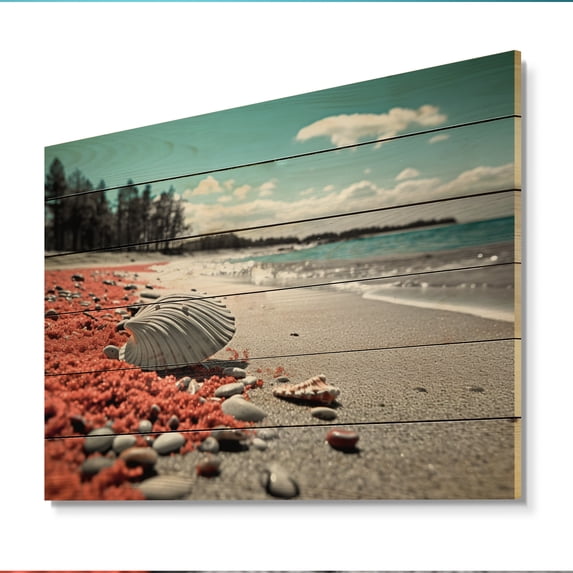 Designart "Beach Seashell Euphony" Nautical & Beach Print on Natural Pine Wood