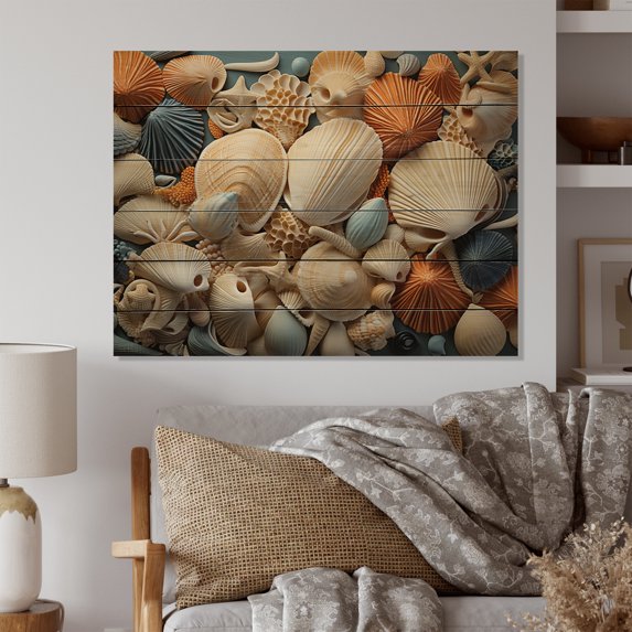 Designart "Beach Seashell composition" Animals Print on Natural Pine Wood
