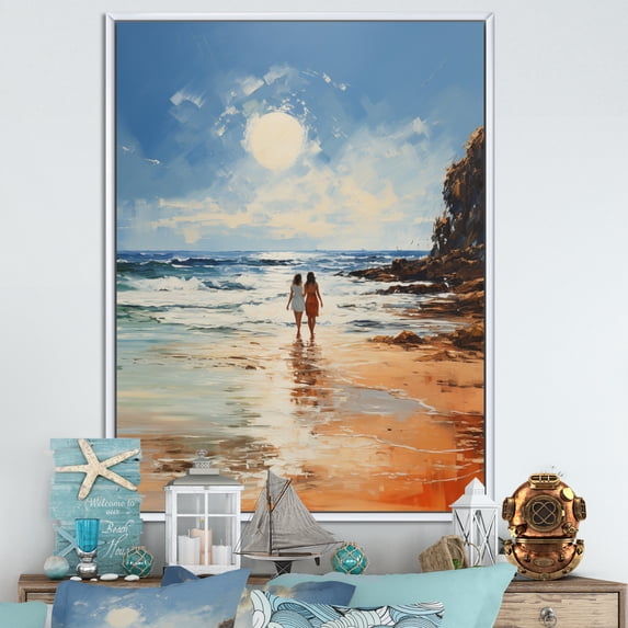 Designart "Beach Seaside Stroll painting" Nautical & Beach Floater Framed Canvas Print