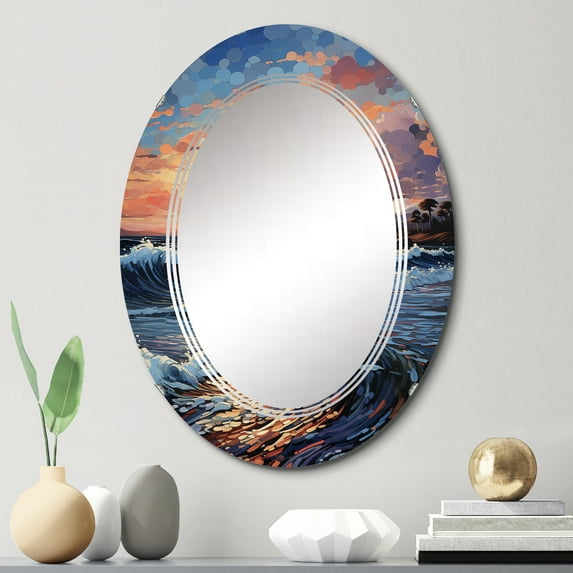 Designart "Beach Sunlit Waves painting" Nautical & Beach Round Wall Mirror - Beach Oval Printed Decorative Oversized Mirror - Multiple Color Options