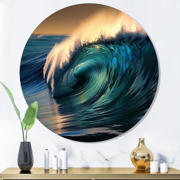 Designart "Beach Sunset Blue with Waves I" Modern Landscape Beach Metal Round Art Living Room