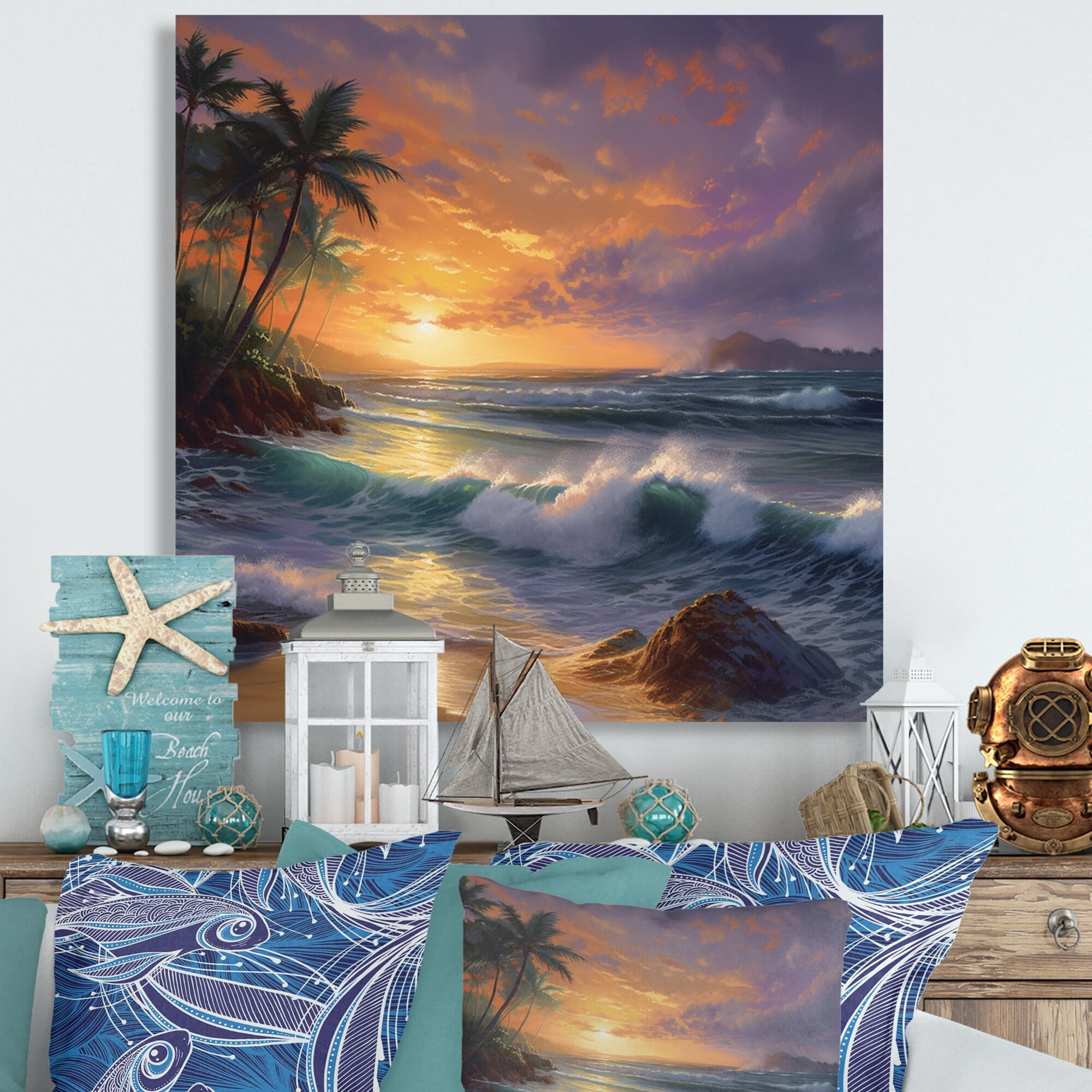 Designart "Beach Sunset Purple Orange II" Modern Landscape Beach Metal ...