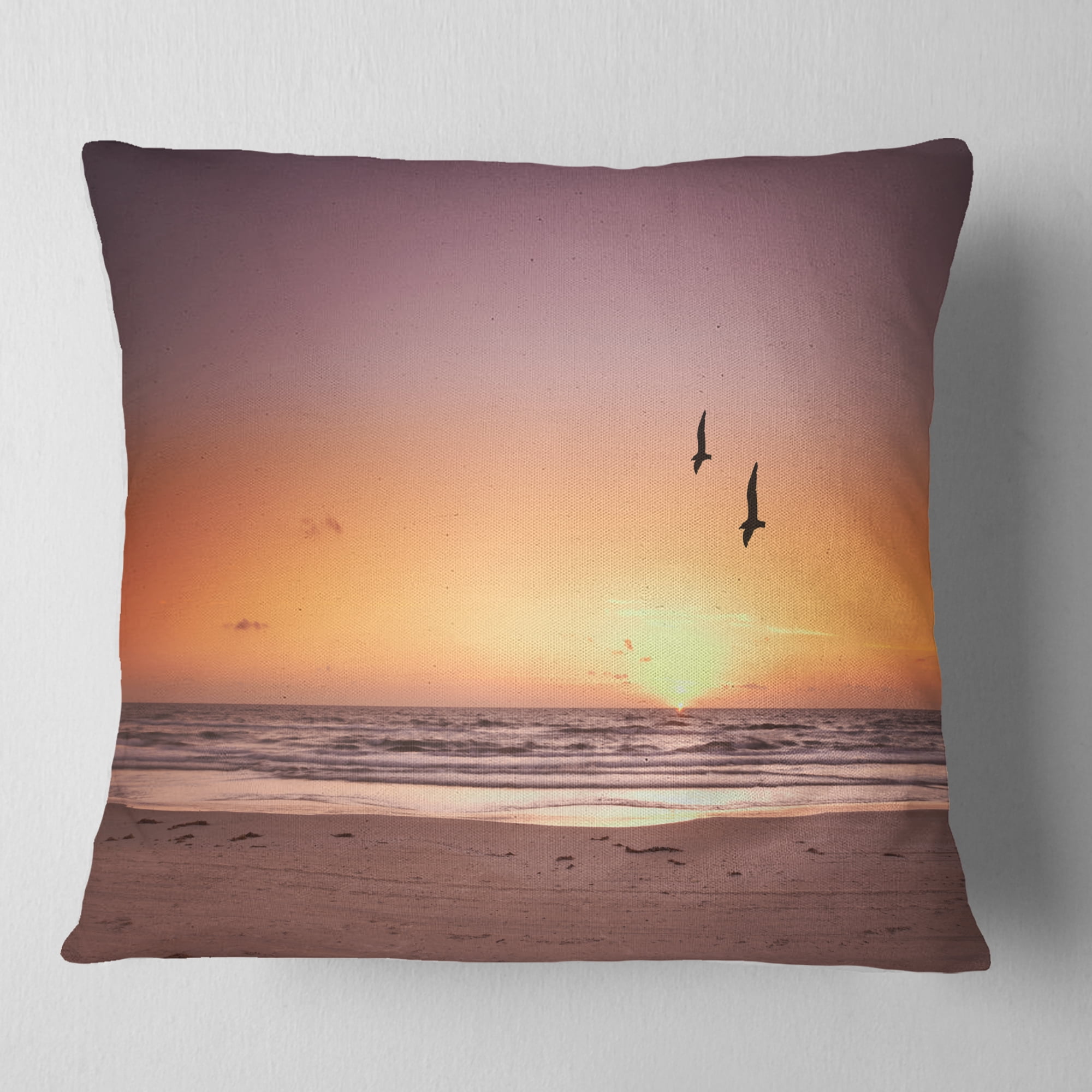 Designart Beach Sunset and Sea Gulls - Modern Seashore Throw Pillow - 18x18