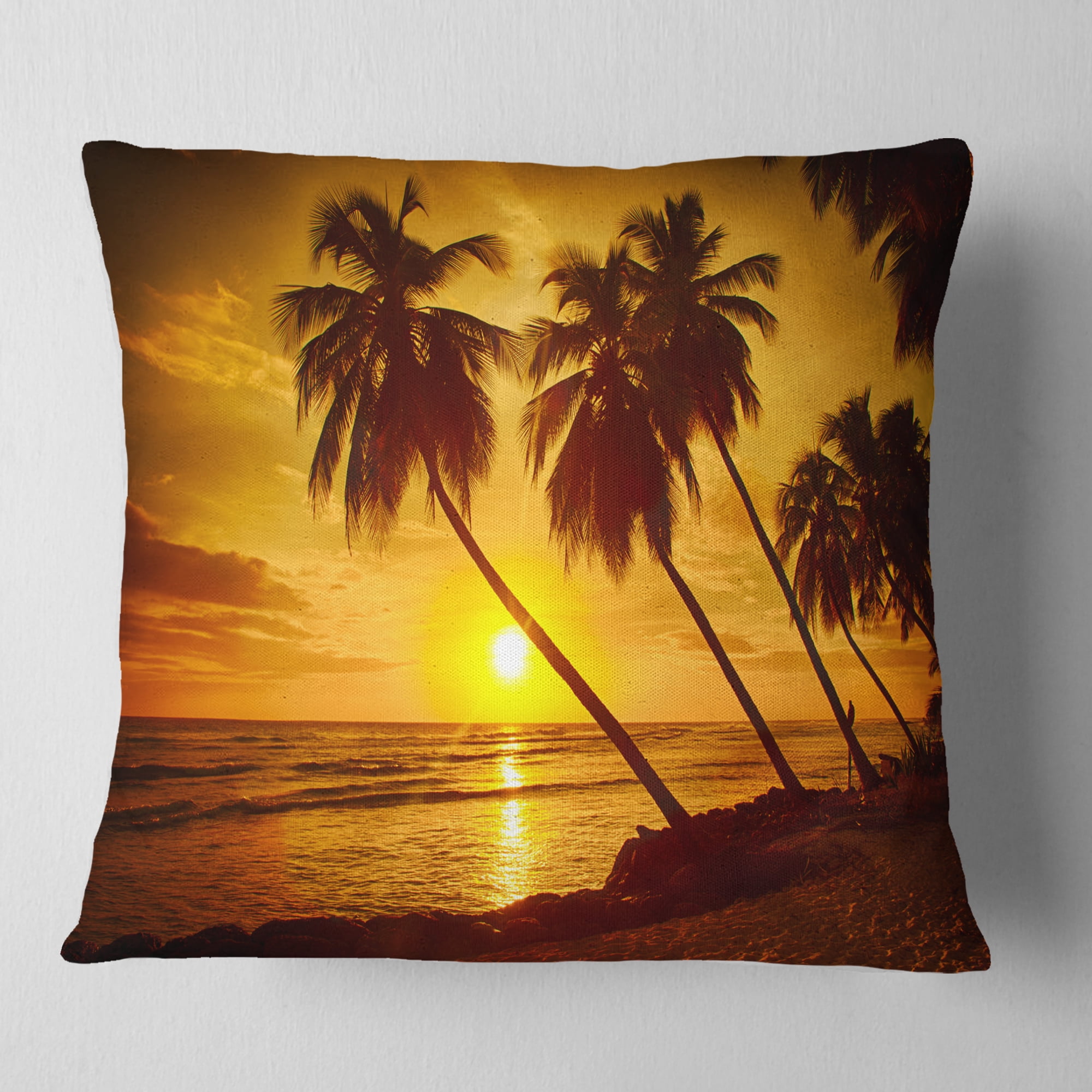 Designart Beach Sunset in Island Barbados - Modern Seascape Throw Pillow - 16x16