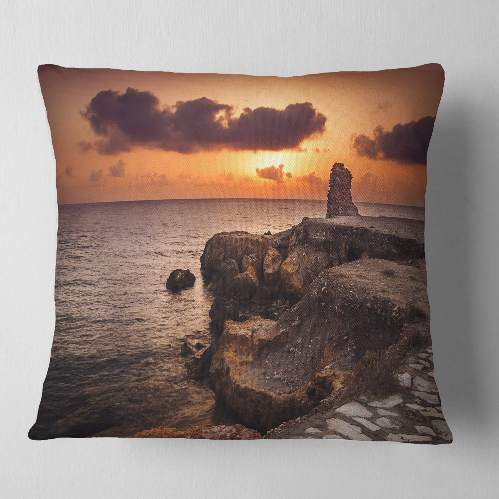 Designart Beach Sunset with Ancient Ruins - Oversized Beach Throw Pillow - 18x18