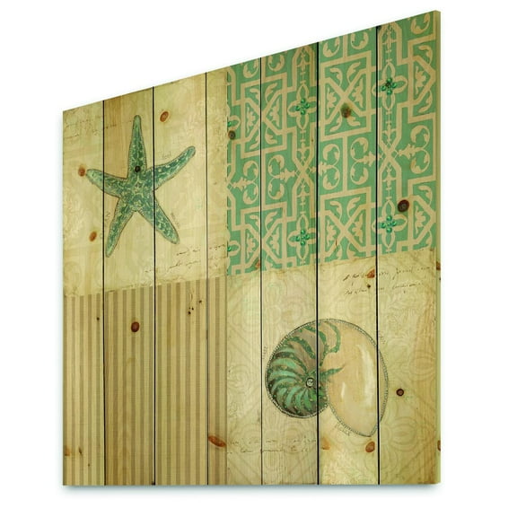 Designart 'Beach Treasures Collage II' Traditional Bathroom Print on Natural Pine Wood