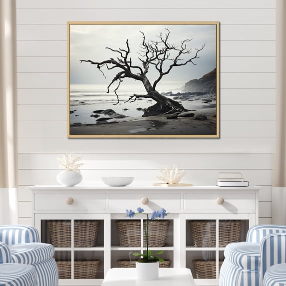 Designart "Beach Tree Photo Charm" Coastal Beach Floater Framed Wall Art Print