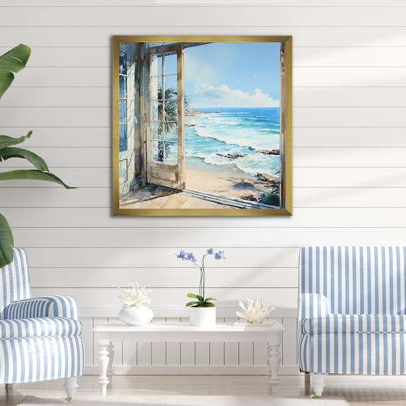 Designart "Beach View from Coastal Window II" Nautical Framed Wall Art Decor - Coastal Blue Coastal Bedroom Framed Canvas Wall Art
