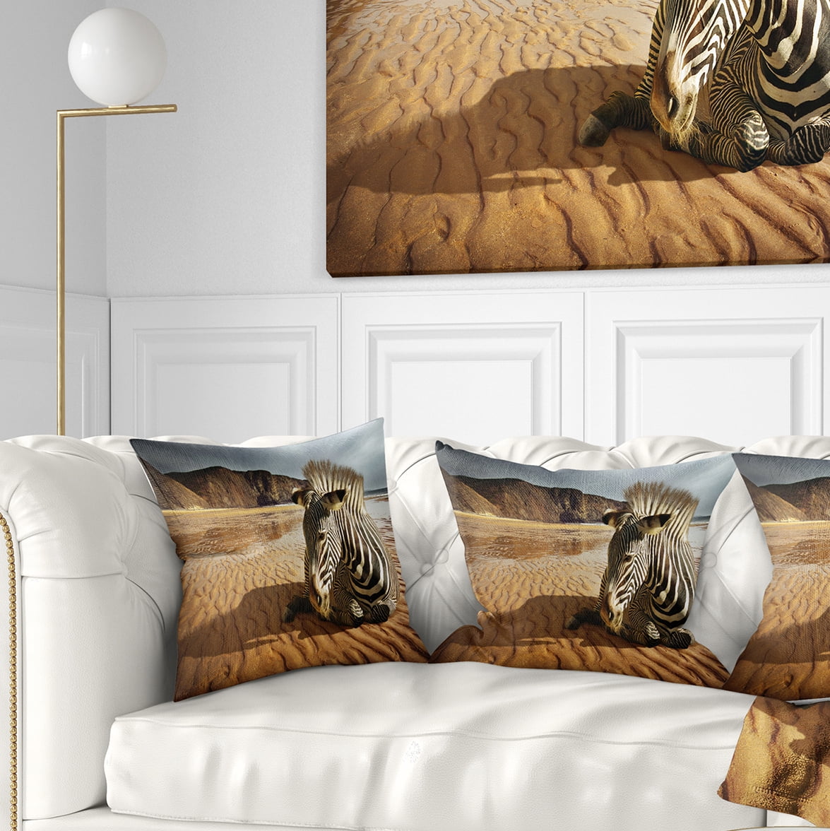 Designart Beach Zebra - Animal Throw Pillow - 18x18