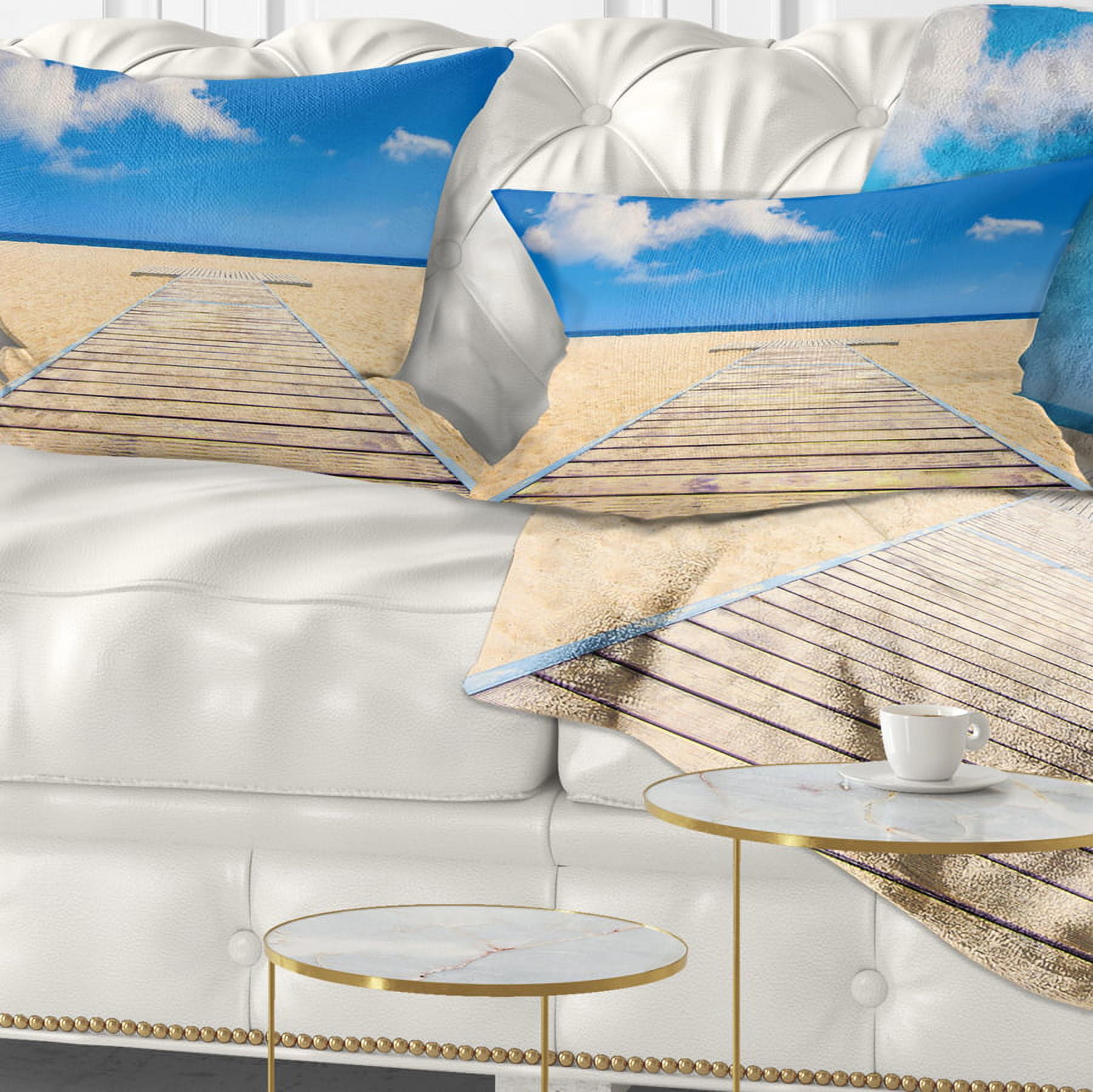 Designart Beach and Sea with Wooden Floor - Blue - Seashore Throw Pillow - 12x20