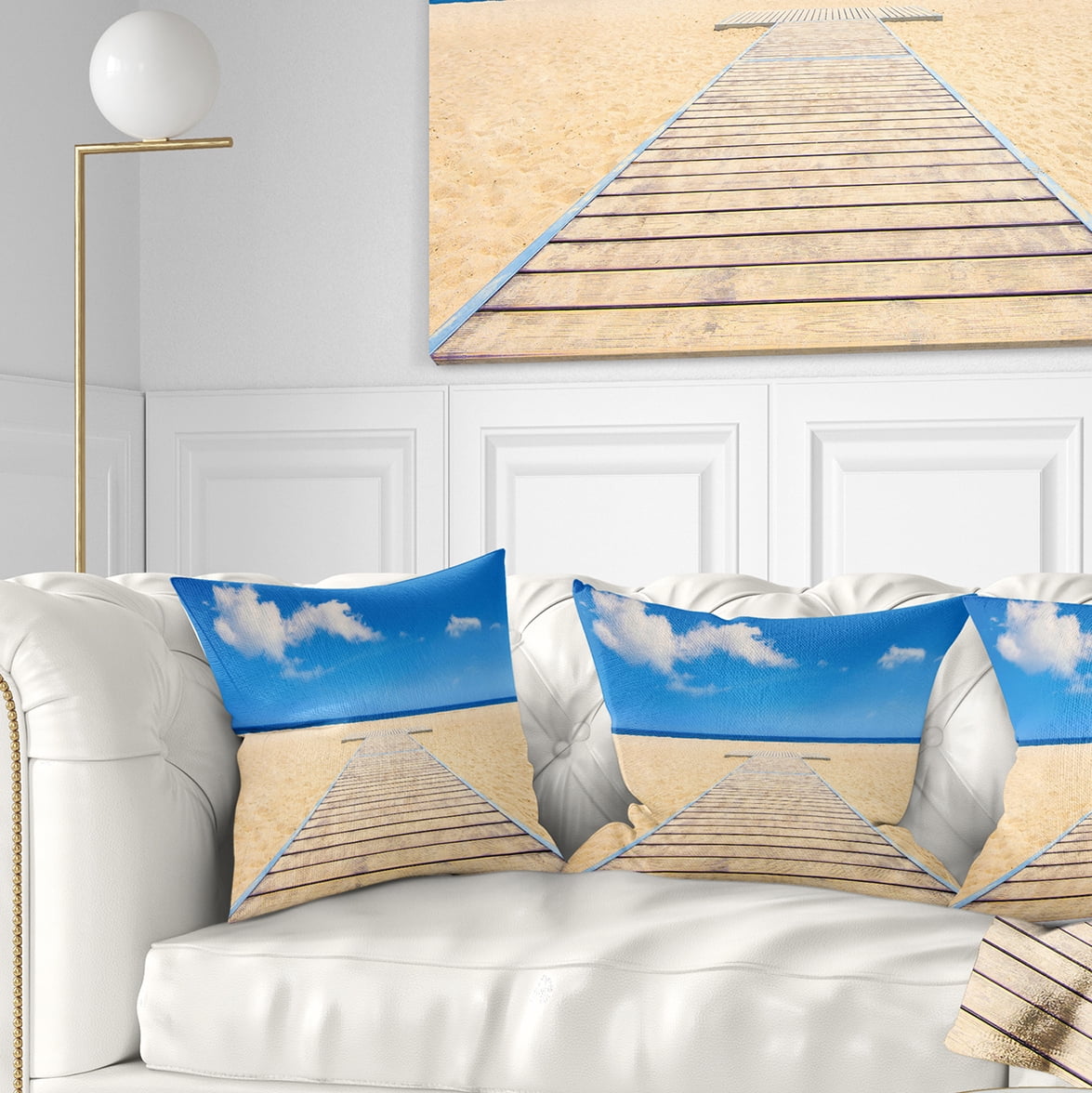 Designart Beach and Sea with Wooden Floor - Blue - Seashore Throw Pillow - 16x16