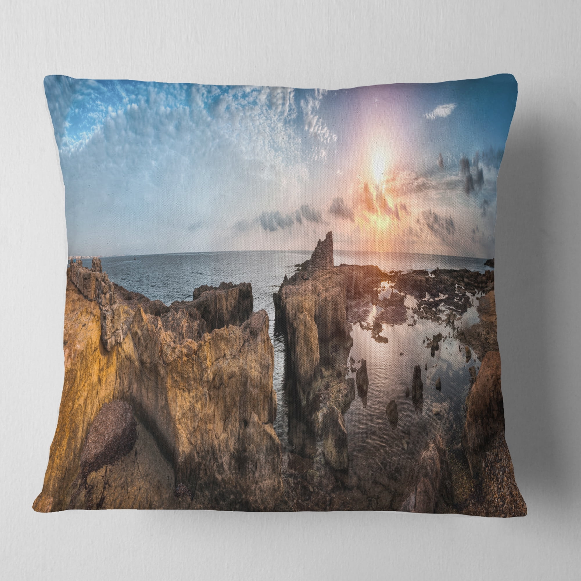 Designart Beach with Ancient Ruins Panorama - Landscape Printed Throw Pillow - 16x16