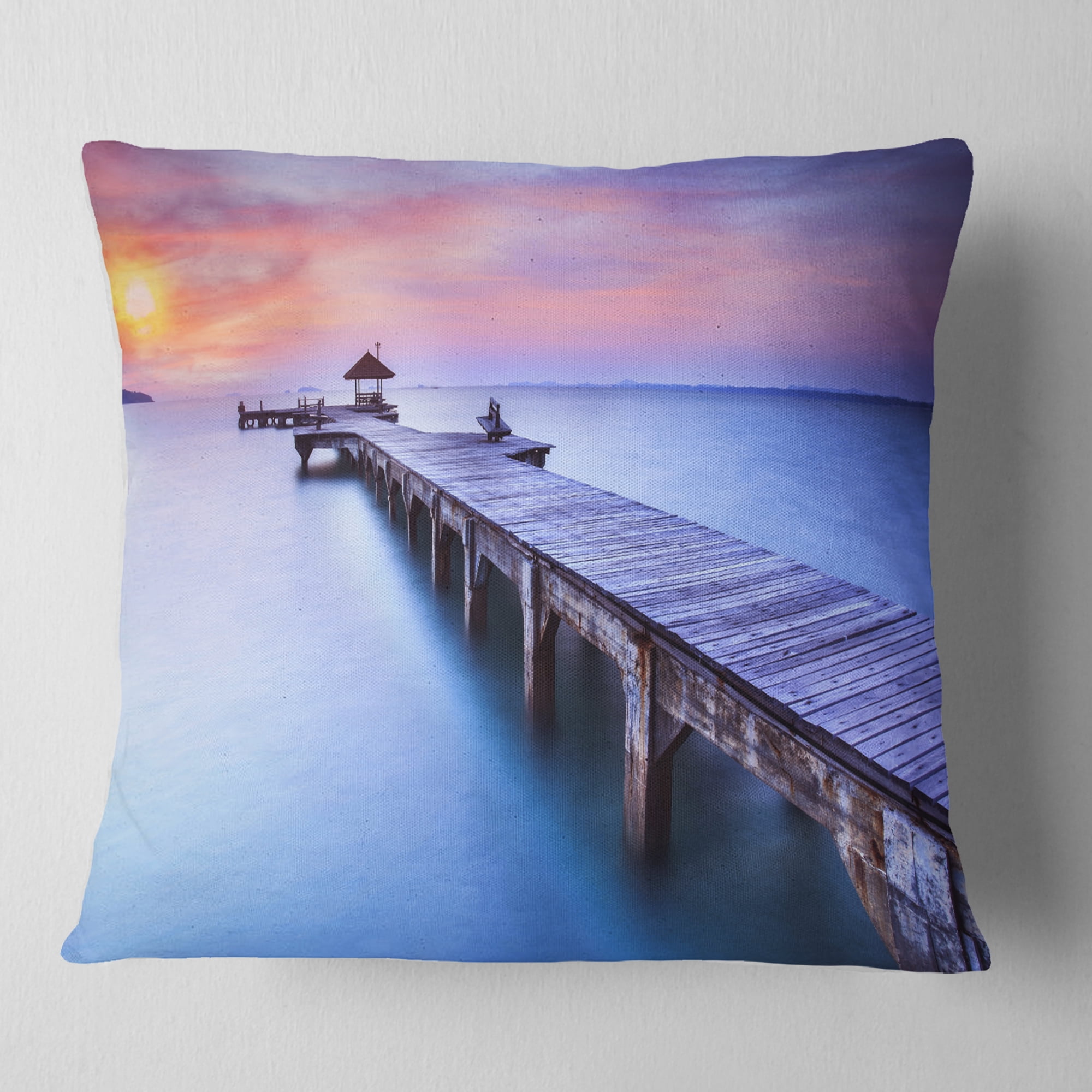 Designart Beach with Blue Waters and Wood Bridge - Pier Seascape Throw Pillow - 16x16