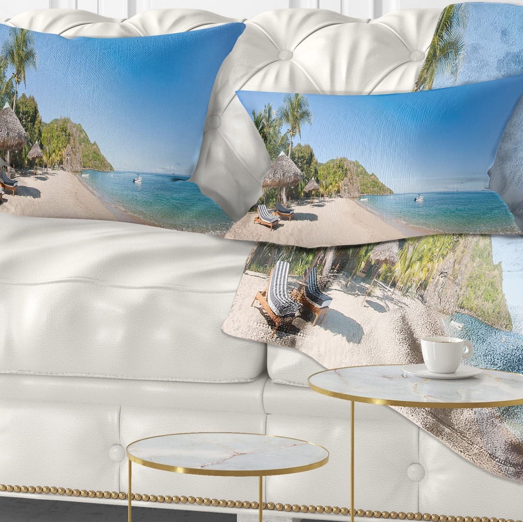 Designart Beach with Chairs and Umbrellas - Seashore Photo Throw Pillow - 12x20
