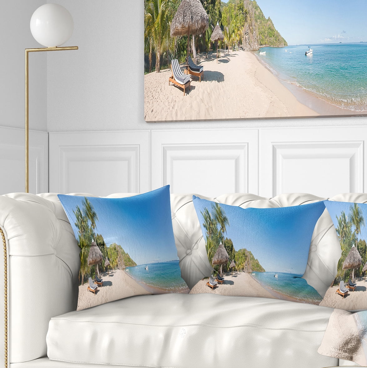 Designart Beach with Chairs and Umbrellas - Seashore Photo Throw Pillow - 16x16