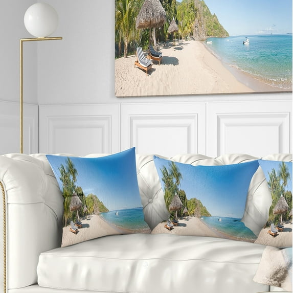 Designart Beach with Chairs and Umbrellas - Seashore Photo Throw Pillow - 18x18