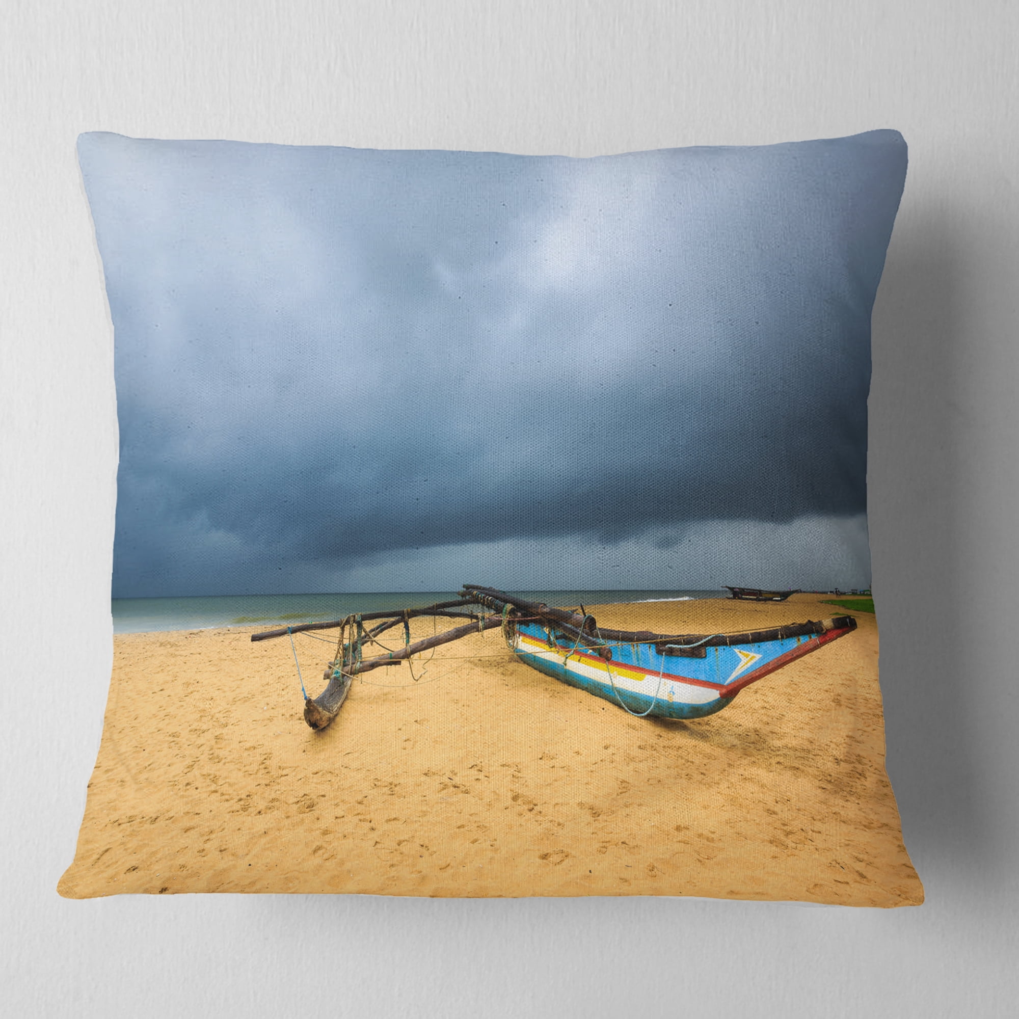 Designart Beach with Dark Clouds above Ocean - Seashore Throw Pillow - 18x18