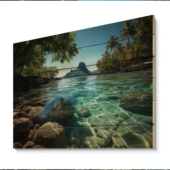 Designart "Beaches of Bora Bora II" Nautical & Beach Print on Natural Pine Wood
