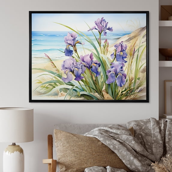 Designart "Beachside Beauty: Purple Irises I" Irises Floater Framed Wall Decor