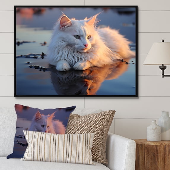 Designart "Beachside Feline Peace" Animals Cat Floater Framed Canvas Art Print