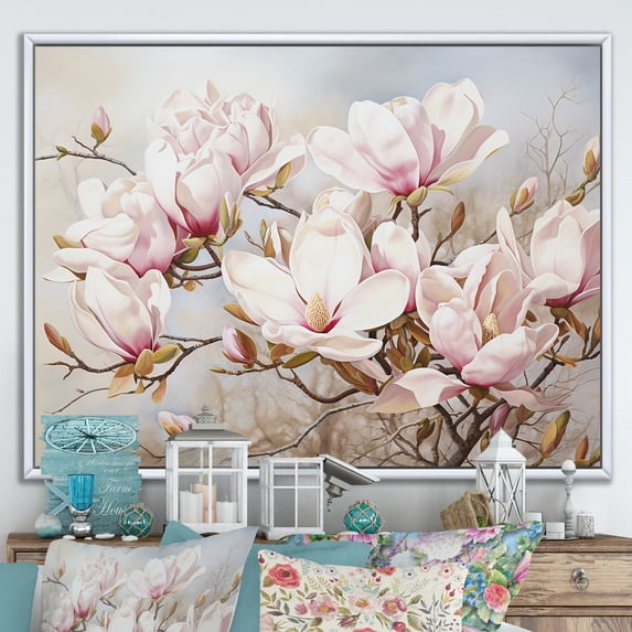 Designart "Beachside Magnolia Serenity I" Magnolias Floater Framed Canvas Wall Art