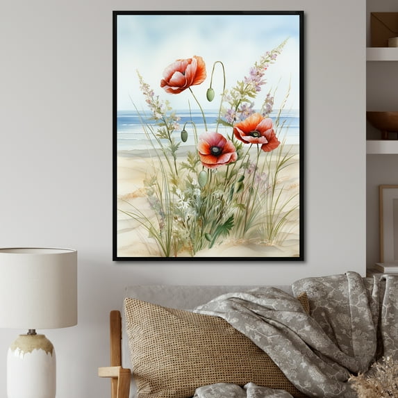 Designart "Beachside Red Poppies" Poppies Floater Framed Wall Decor