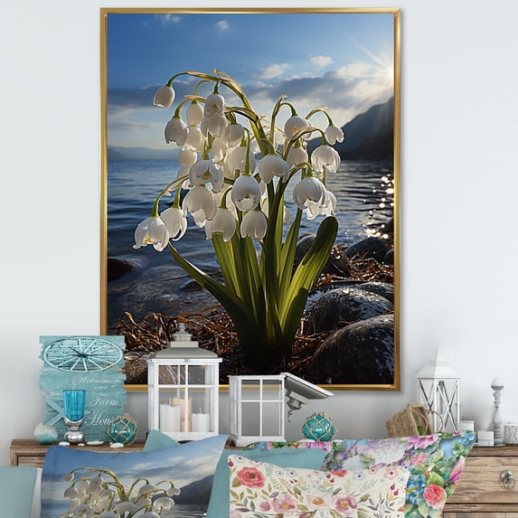 Designart "Beachside Snowdrop Scene" Snowdrops Floater Framed Canvas Wall Art