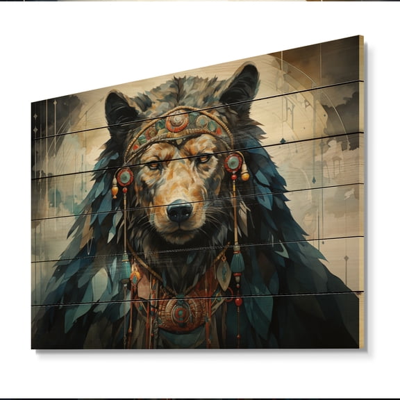 Designart "Bear Costume in Native Art" Native American Print on Natural Pine Wood