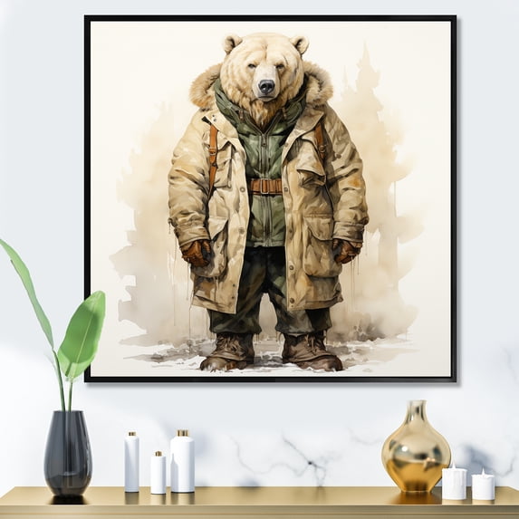 Designart "Bear in a Parka" Animals Framed Wall Art - Traditional Brown Bear Living Room Framed Canvas Art