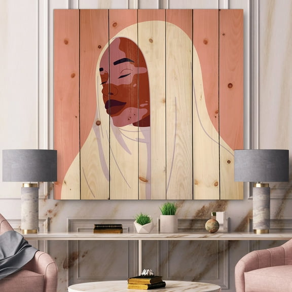 Designart 'Beautiful Abstract Smiling Afro African Woman With VItiligo' Moroccan Print on Natural Pine Wood